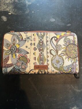 Sakroots Cream Floral Zip-Around Wallet with Brown Trim